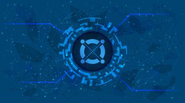 Elrond EGLD sembol dijital daire içinde fütürist kripto para birimi temalı mavi arkaplan. Pankart ya da haber için kripto para simgesi. Vektör illüstrasyonu.