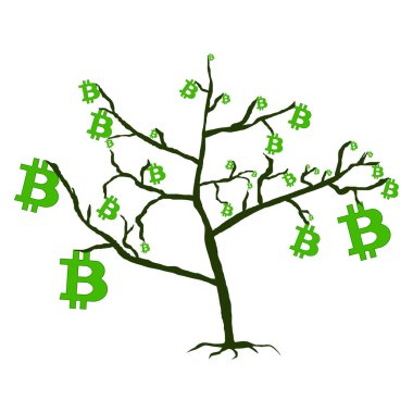 Bitcoin yapraklı ağaç, izole edilmiş beyaz. Bitcoin büyüme konsepti. Vektör illüstrasyonu.
