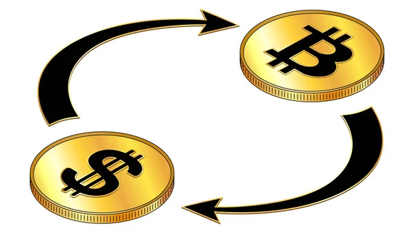 Долари Usd Bitcoin Btc Ізометрична Концепція Чорними Символами Золотих Монетах — стоковий вектор