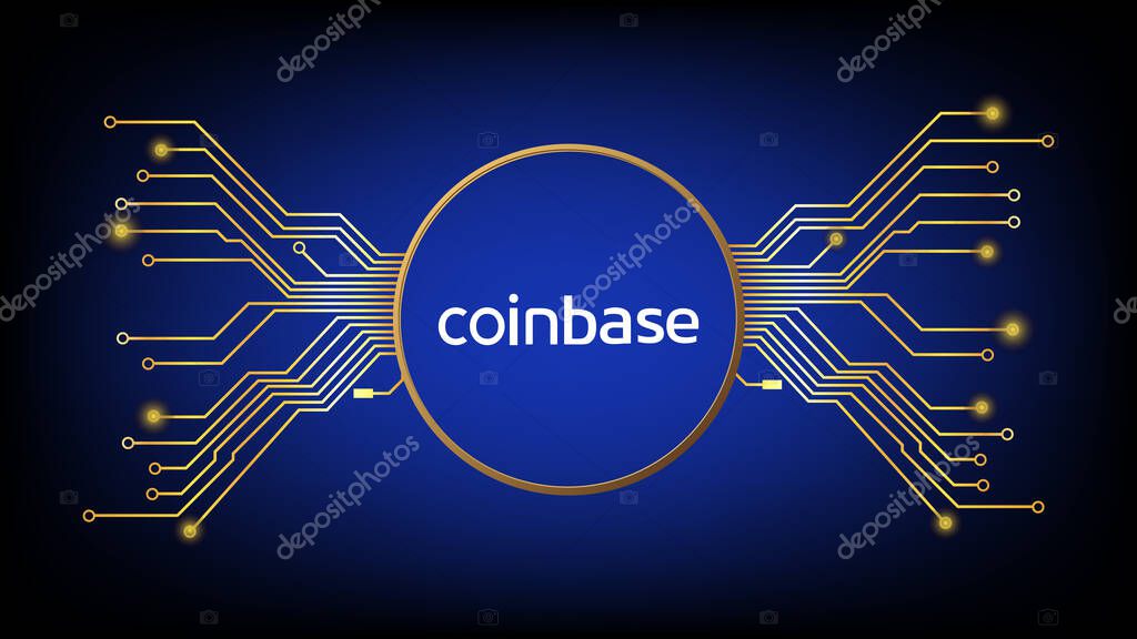 Coinbase cryptocurrency stock market symbol in gold circle with pcb tracks on digital blue background. Design element in techno style for website or banner. Crypto stock exchange for news and media.