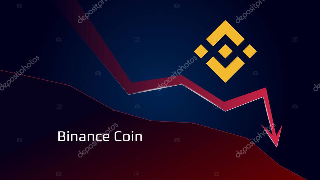 Binance Coin BNB in downtrend and price falls down. Crypto coin symbol and red down arrow. Uniswap crushed and fell down. Cryptocurrency trading crisis and crash. Vector illustration.