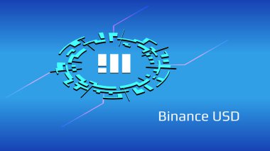 Binance USD BUSD izometrik sembol mavi arkaplanda dijital daire şeklinde. Pankart ya da haber için kripto para simgesi. Vektör illüstrasyonu.