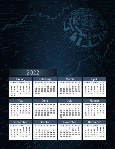 수직적 2022 일요일에 달력은 디지털 삽화를 파란색으로 표시합니다 — 스톡 벡터