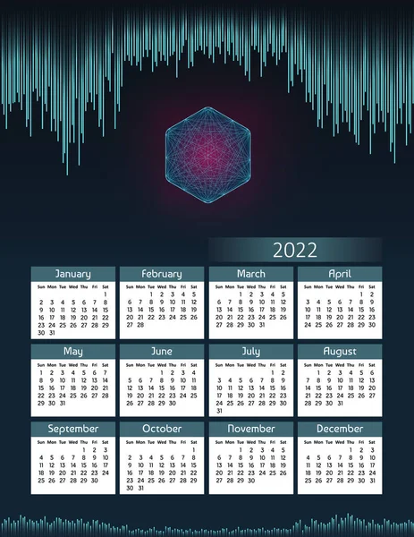 六角形と垂直未来の年次カレンダー2022デジタルテーマ 週は日曜日に開始します 毎年恒例の大きな壁のカレンダーカラフルなモダンなイラスト A4用紙サイズ — ストックベクタ