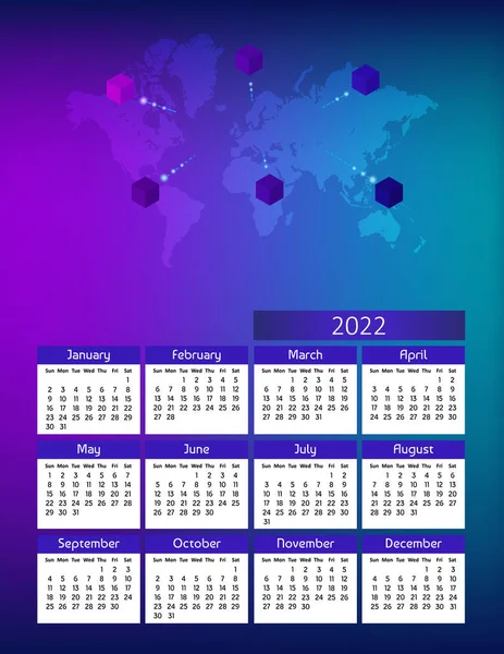 世界地図とキューブと垂直未来の年次カレンダー2022年 週は日曜日に開始されます 青で毎年恒例の大きな壁のカレンダーカラフルなモダンなイラスト A4用紙サイズ — ストックベクタ