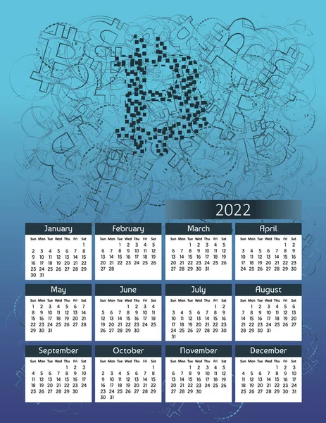 Verticale Futuristico Calendario Annuale 2022 Con Bitcoin Criptovaluta Tema Settimana — Vettoriale Stock