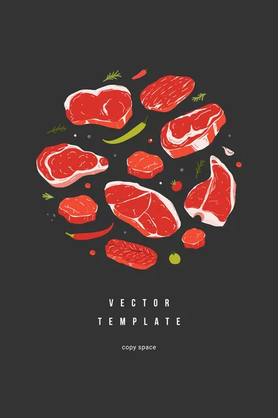 Modelo de cartaz de bife, menu vetorial para churrascaria ou talho, espaço de cópia para texto, ilustração desenhada à mão realista, vários cortes de carne — Vetor de Stock