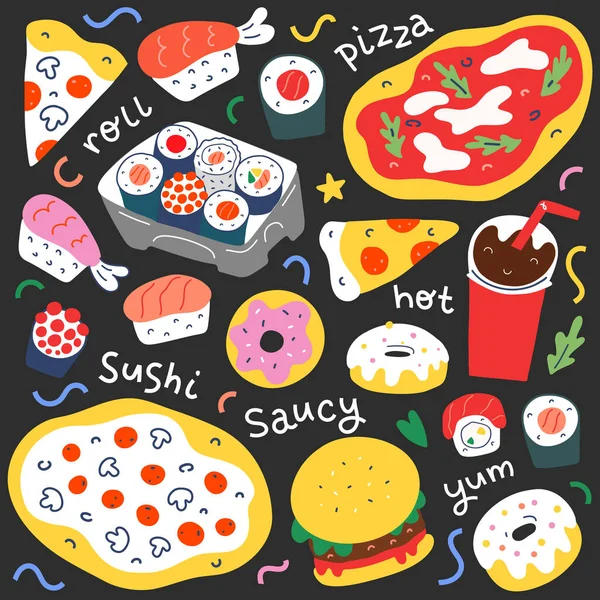 Recolección de comida rápida, ilustraciones de alimentos de menú para café o servicio de entrega, pizza italiana, rollos de sushi japonés y filadelfia, bebida cola, ilustración dibujada a mano garabato, cliparts vectoriales aislados — Vector de stock