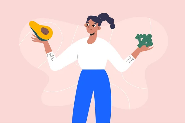 Mujer eligiendo comida saludable, personaje de niña sosteniendo aguacate y brócoli verduras en las manos, concepto de dieta saludable, — Archivo Imágenes Vectoriales