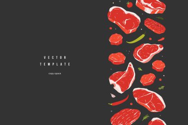 Et lokantası menü şablonu, metin için kopyalama alanı olan vektör şablonu, el ilanı tasarımı, çeşitli biftek türleri. 