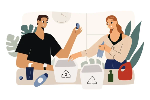Young couple sorting plastic waste at home, separating PETE and HDPE botlles, caps and containers, collecting garbage for recycling, putting in separate trash bins — Stock Vector