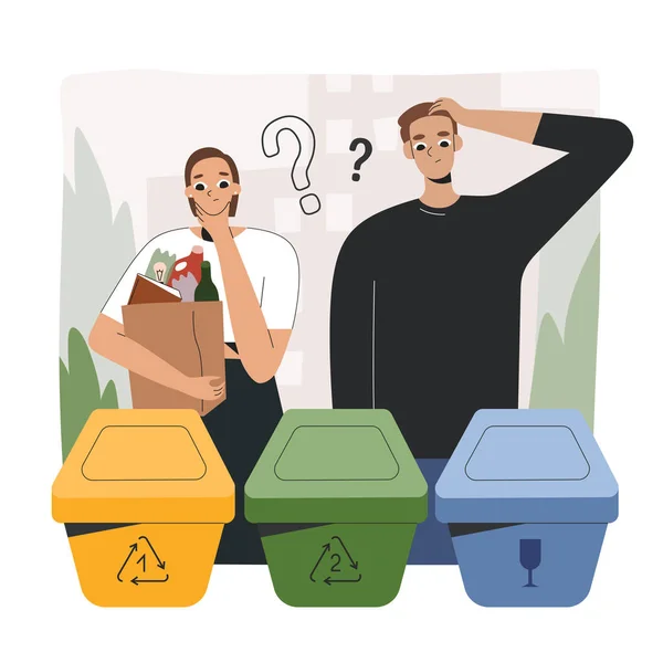 Los jóvenes que siembran los residuos, desconcertados en los contenedores de basura de reciclaje o contenedores, sin saber cómo separar la basura, dibujos animados vectoriales — Vector de stock