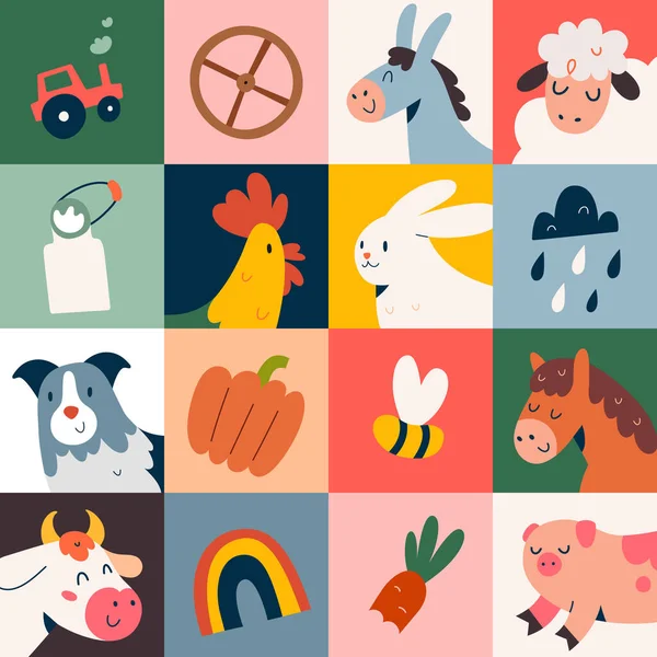 Çiftlik hayvanları posterinde çocuklar için karalama çizimleri, renkli pop sanat resimleri, inek, köpek ve domuz resimleri var. — Stok Vektör