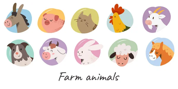 Animaux de ferme mignons avec expressions faciales, collection d'animaux domestiques avater, illustrations de vaches, moutons et porcs pour badges — Image vectorielle