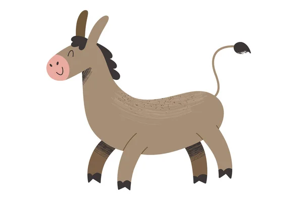 Bonita ilustración de burro garabato, animal de granja con expresión de cara feliz, mascota ilusoria, clipart vector aislado — Vector de stock