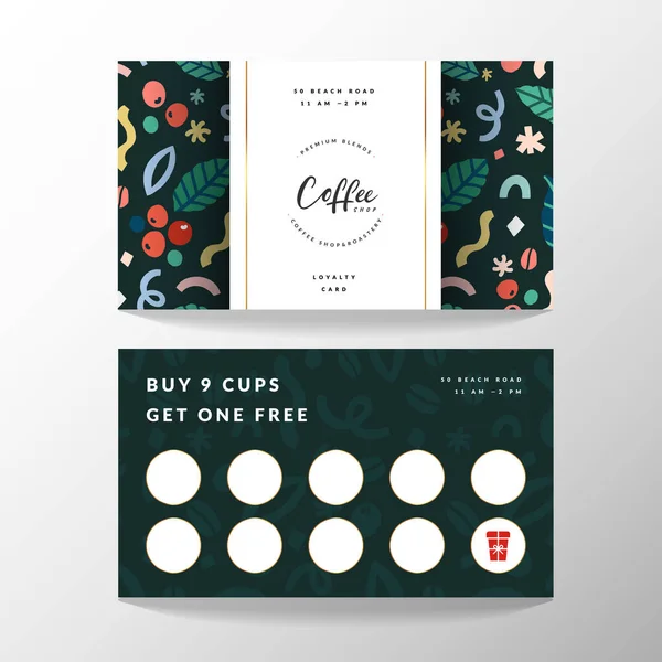 Tarjeta de café, tarjeta de fidelidad para cafetería con lugar para recoger sellos, plantilla vectorial con ilustraciones de logotipo y garabatos, diseño moderno y sencillo — Archivo Imágenes Vectoriales