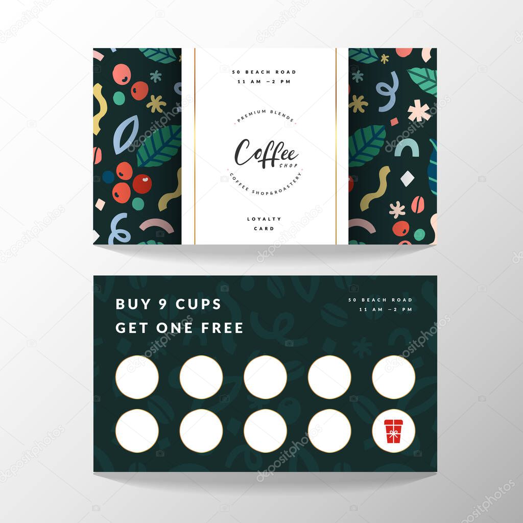 Coffee card, loyalty card for coffee shop with place for collecting stamps, vector template with logo and doodle illustrations, modern simple design, good for cafe.