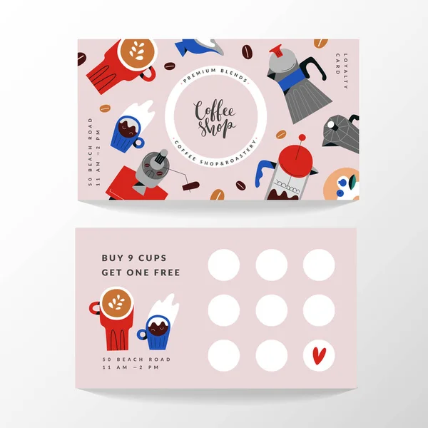Cartão de café, modelo de cartão de fidelidade para café ou café. Lugar para selos. Layout com ilustrações desenhadas à mão de canecas de café e ferramentas de cerveja — Vetor de Stock