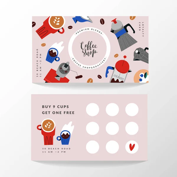 Tarjeta de cafetería, plantilla de tarjeta de fidelidad para cafetería o cafetería. Lugar para sellos. Diseño con ilustraciones dibujadas a mano de tazas de café y herramientas de elaboración de cerveza — Archivo Imágenes Vectoriales