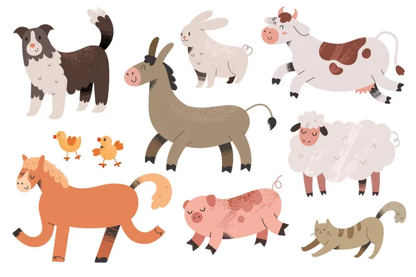 Mignonne collection d'animaux de ferme, illustrations vectorielles colorées de vache, porc et mouton avec effet texturé. Dessin doodle coloré isolé sur fond blanc. — Image vectorielle