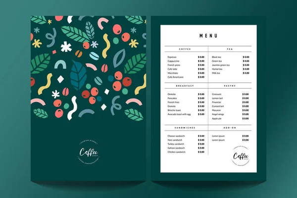 Kahve dükkanı menüsü tasarım şablonu, kapaklı kafe menü kartı şablonu. Önceden hazırlanmış basılabilir plan. İçecek vektörü a4 el ilanı, modern minimalist tasarım. El çizimi illüstrasyon — Stok Vektör