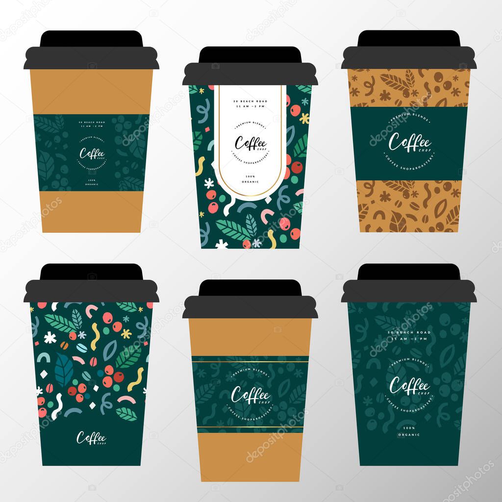 Branded paper coffee cup design, cardboard mugs illustrated with logo. Take away cardboard cup with sleeve decorated with lettering logotype and pattern illustrations