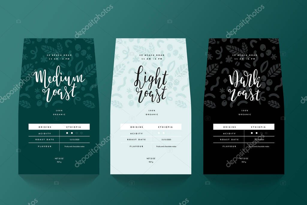 Coffee label for pouch bag, branding packaging design for light, medium and dark roast blends. Vector template for coffee shop. Modern design with green color and floral illustration