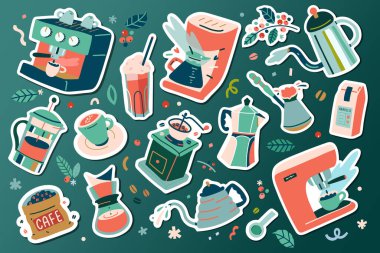Kahve etiketi seti, kahve malzemeleri, kahve fincanı ve bardak, öğütücü ve kavrulmuş kahve çekirdekleri. Kahve makineleri çeşitli şekillerde demleme ve hazırlama espresso, soğuk bira, cappucino