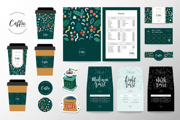 Identidade de marca de café definido para café ou café. Coleção de logotipo de letras, modelo de menu, design de copo de papel e cartão de fidelidade. Saco de bolsa design de embalagem, montanhas-russas — Vetor de Stock