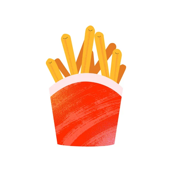 Patate Patatine fritte in scatola rossa, illustrazione doodle con effetto testurizzato, illustrazione vettoriale isolata — Vettoriale Stock