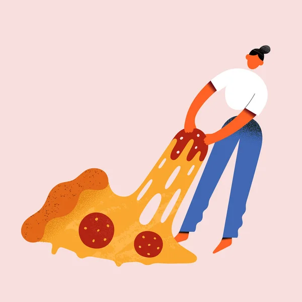 Donna con fetta di pizza, minuscolo personaggio femminile in possesso e tirando una fetta enorme di pizza salame piccante, personaggio dei cartoni animati vettoriali — Vettoriale Stock