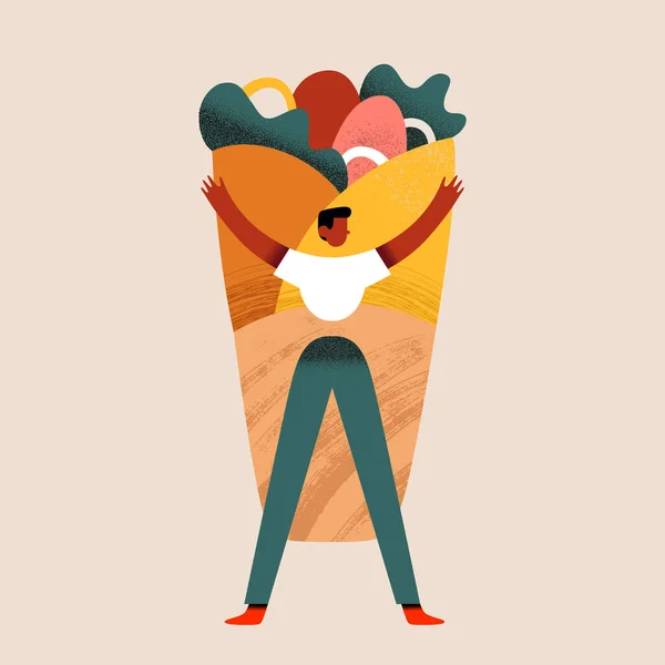 Uomo con donatore di kebab, minuscolo personaggio dei cartoni animati che tiene shawarma rotolato nella pita, concetto di cibo di strada, illustrazione vettoriale — Vettoriale Stock