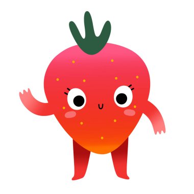 Cute strawberry, sweet berry mascot, happy cartoon fruit character with funny face expression waving hello, vector illustration isolated