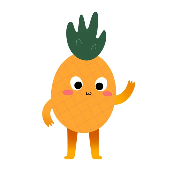 Personaj drăguț ananas, fructe tropicale dulci, mascotă amuzantă de desene animate cu expresie drăguță a feței fluturând salut, ilustrație vectorială izolată pe alb — Vector de stoc