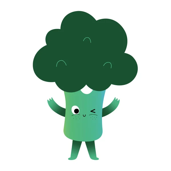 Personaj drăguț broccoli, alimentație sănătoasă verde pentru copii, creatură de legume de desene animate kawaii cu expresie amuzantă a feței, ilustrație vectorială izolată pe alb — Vector de stoc