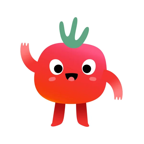 Personaj drăguț de roșii, legume dulci de roșii cherry, mascotă de desene animate kawaii cu expresia amuzantă a feței fluturând salut, ilustrație vectorială izolată pe alb — Vector de stoc