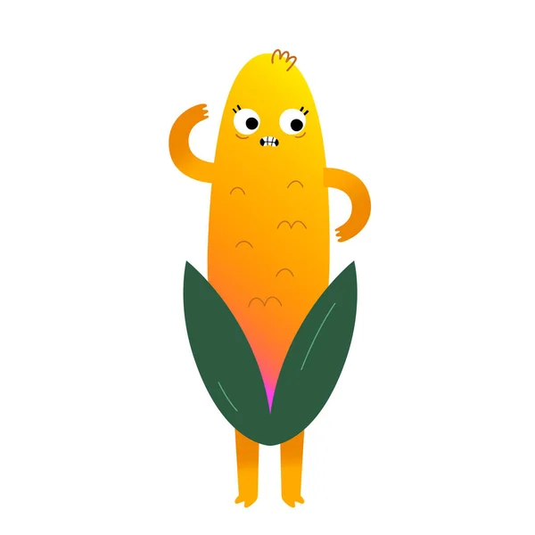 Cute corn cob character, sweet corn, kawaii cartoon character with funny face expression, vector illustration isolated on white — Stok Vektör