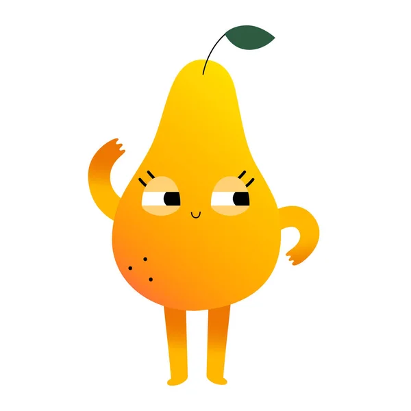 Drăguț caracter de fructe de pere dulci, personaj de fructe de desene animate kawaii cu expresie amuzantă a feței, ilustrație vectorială izolată pe alb — Vector de stoc
