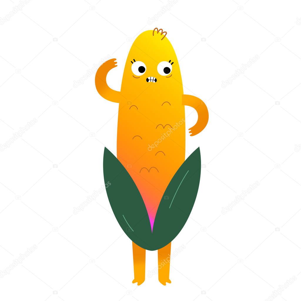 Cute corn cob character, sweet corn, kawaii cartoon character with funny face expression, vector illustration isolated on white