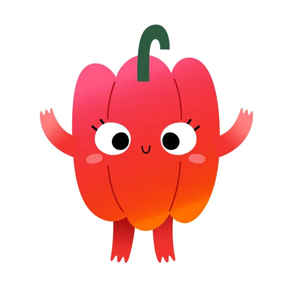 Personaj de legume drăguț, ardei iute dulce, caractere de desene animate veggie kawaii cu expresie amuzantă a feței, ilustrație vectorială izolată pe alb — Vector de stoc