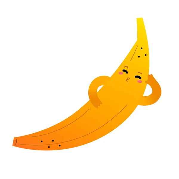 Drăguț personaj banană, mascotă de fructe dulci, banană de desene animate kawaii cu expresie amuzantă a feței răcoritoare având odihnă, ilustrație vectorială — Vector de stoc