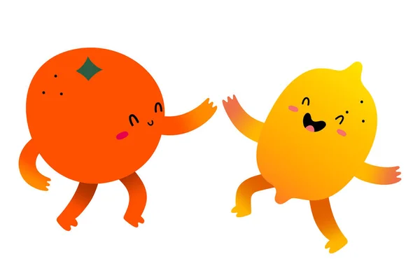 Caractere drăguțe de fructe de portocale și lămâie care dansează ținându-se de mâini distractive, personaje de desene animate fericite kawaii cu expresii ale feței izolate pe fundal alb , — Vector de stoc