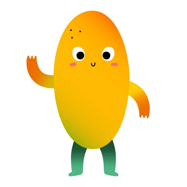 Симпатичний персонаж манго, солодкий тропічний фрукт, мультяшна істота Гаваї зі смішним виразом обличчя махає привіт рукою, Векторні ілюстрації ізольованізолото, жовтий , — стоковий вектор
