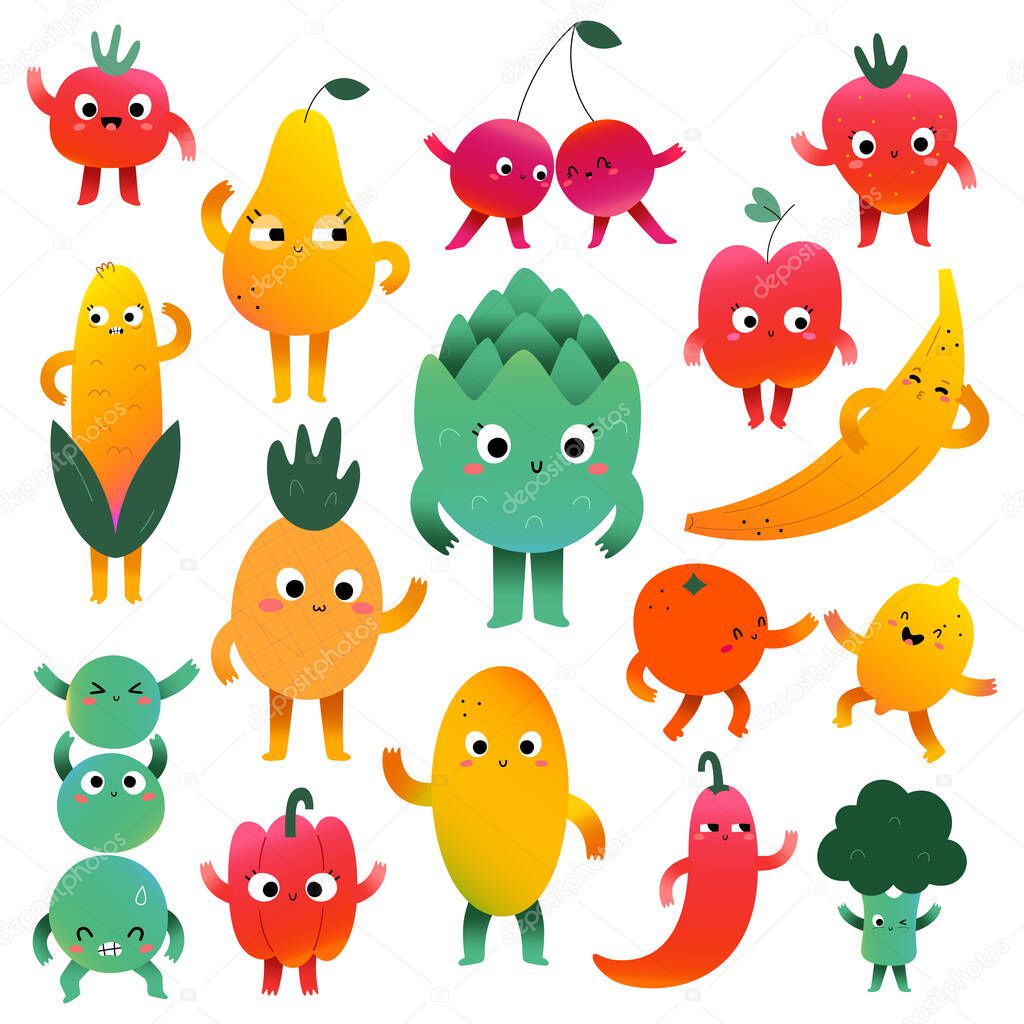 Cute vegetables and fruit characters with face expressions, kawaii cartoon mascots, collection of happy funny food creatures, vector illustration isolated
