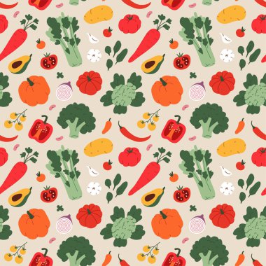 Sebzeler doğal şablon, besin içerikli kusursuz vektör arka plan, basit modern yemek çizimi, mutfak baskısı kadar iyi.