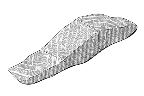 Εικόνα φιλέτου σολομού, φιλέτο βόρειου Ατλαντικού ψαριού, πηγή ωμέγα-3, υγιεινά θαλασσινά, χειροποίητη τέχνη σε στυλ χαρακτικής, μαύρο και άσπρο μελάνι διάνυσμα clipart απομονωμένο — Διανυσματικό Αρχείο