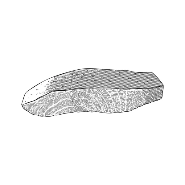 Filete de pescado de salmón en la piel, rebanada de salmón atlántico crudo con piel, ilustración vectorial aislada, ingrediente de mariscos, clip art dibujado a mano de tinta — Vector de stock