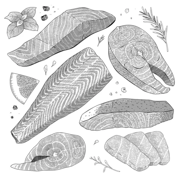 Set di salmoni, bistecca di pesce, filetto atlantico, fette di sashimi e salmone intero su pelle, illustrazione realistica dettagliata, arte del balck e dell'inchiostro bianco, clipart vettoriali isolate — Vettoriale Stock