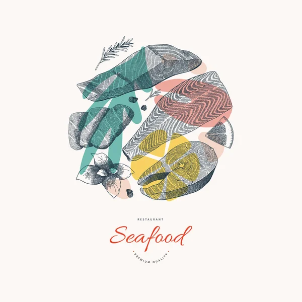 Bannière de fruits de mer avec illustration de poisson de saumon, art dessiné à la main à l'encre, abréger le design moderne avec logo, bon pour le restaurant de fruits de mer ou café — Image vectorielle