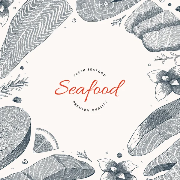 Seafood frame template, vector template with hand drawn ink illustrations of salmon fish, fillet, steak, copy space for label, good for seafood restaurant or cafe — Stock Vector
